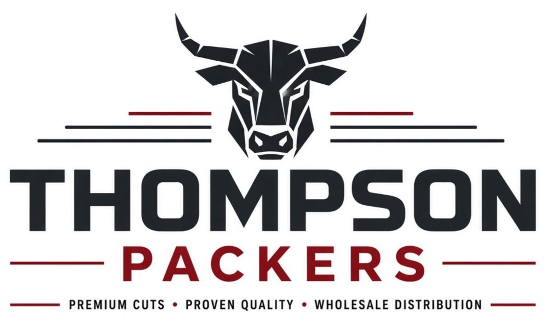 Thompson Packers, Inc. logo: black geometric bull head with the THOMPSON PACKERS wordmark
